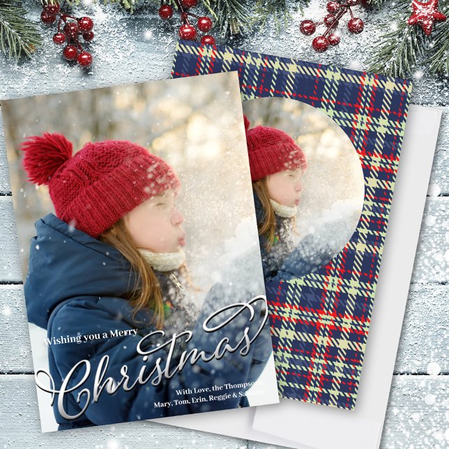 Merry Christmas Calligraphy Navy Blue Red Plaid Holiday Card (Merry Christmas Calligraphy script holiday photo card. )