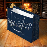 Merry Christmas Calligraphy Navy Blue Snowflake Large Gift Bag<br><div class="desc">This design features a Merry Christmas cute calligraphy script, an elegant silver snowflake pattern, a navy blue motif pattern style, winter snow elegance whimsical, a stylish trendy calligraphy script font, minimalist minimal white lettering, Christmas holiday wrapping supplies, custom customised gift message greeting, Christmas holiday paper gift packaging, simplistic party favour...</div>