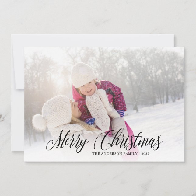 Merry Christmas Calligraphy Overlay Photo Holiday Card (Front)