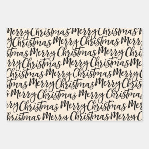 Merry Christmas Calligraphy Pattern Black Cream Wrapping Paper Sheet
