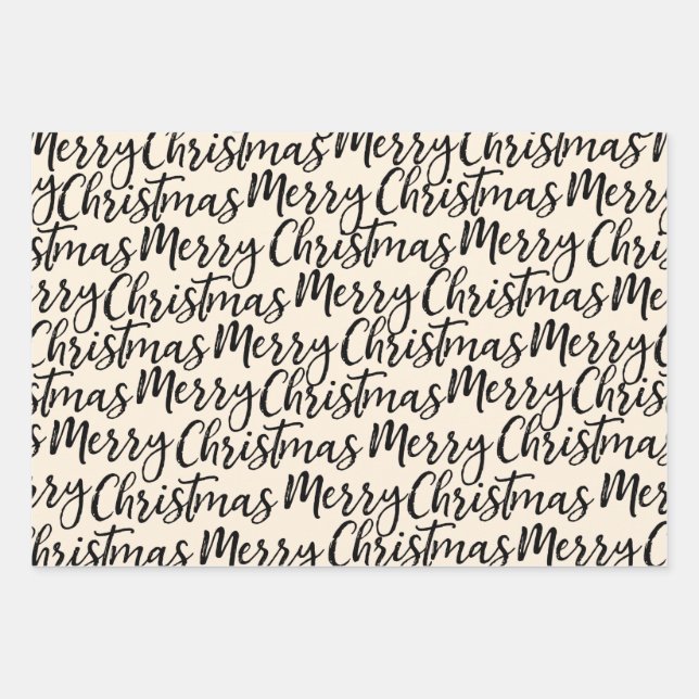 Merry Christmas Calligraphy Pattern Black Cream Wrapping Paper Sheet (Front)
