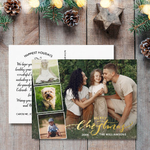 Merry Christmas Calligraphy Photo Collage, Gold Foil Holiday Postcard