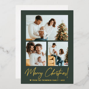 Merry Christmas Calligraphy Photo Modern Green Foil Holiday Card