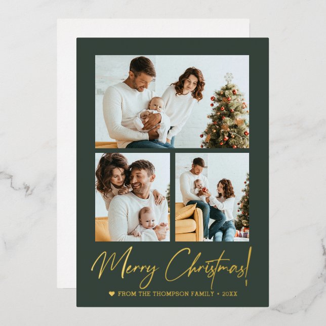 Merry Christmas Calligraphy Photo Modern Green Foil Holiday Card (Front/Back)