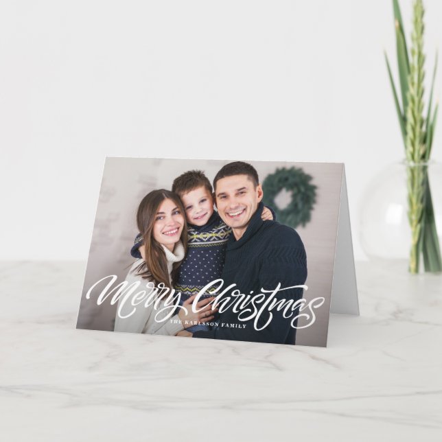 Merry Christmas Calligraphy Photo Overlay Holiday Card (Front)
