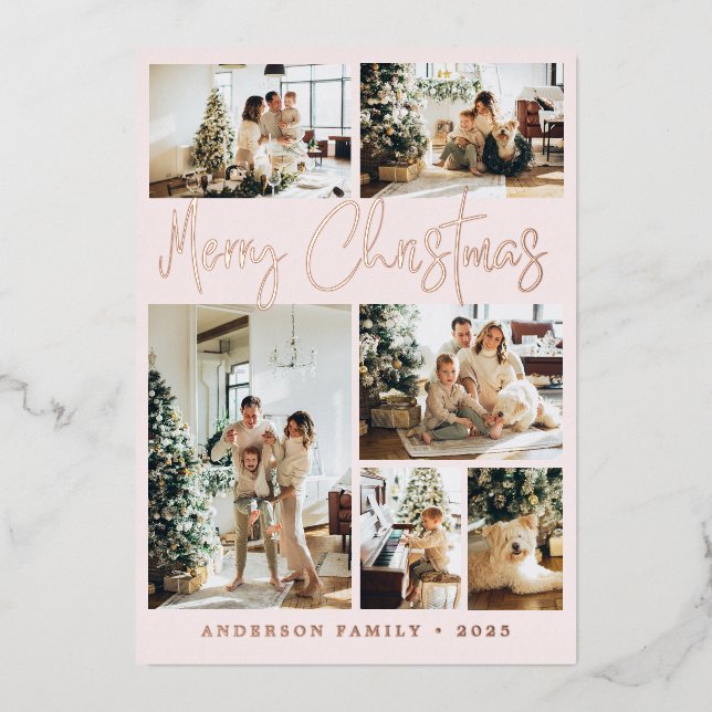 Merry Christmas Calligraphy Photo Rose Gold Foil Holiday Card (Front)
