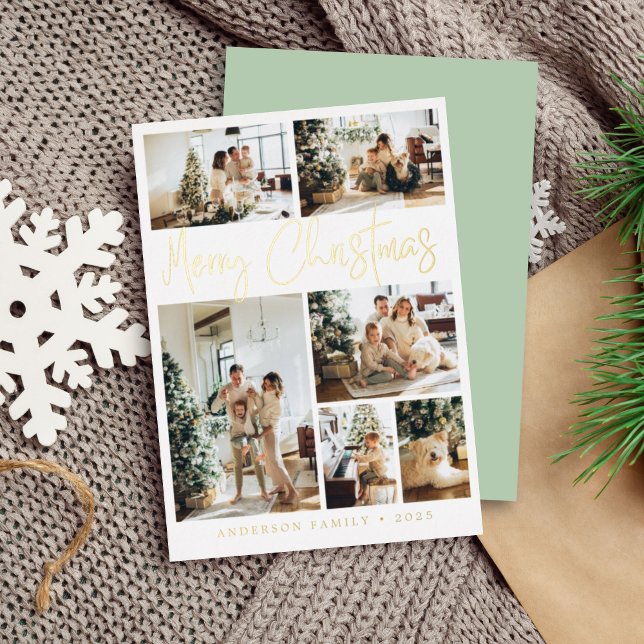Merry Christmas Calligraphy Photo Sage Green Gold Foil Holiday Card (Creator Uploaded)