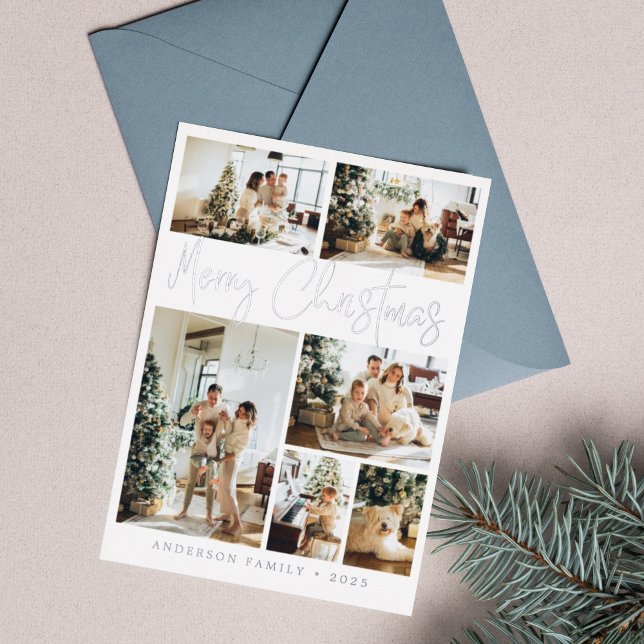 Merry Christmas Calligraphy Photo Silver Foil Holiday Card (Creator Uploaded)