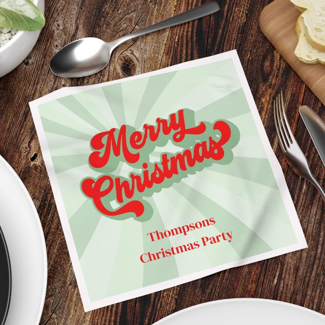 Merry Christmas Calligraphy Red Green Whimsical  Napkin (Merry Christmas retro-style calligraphy script cocktail napkin. )