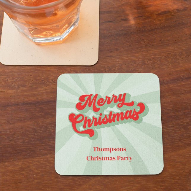 Merry Christmas Calligraphy Red Green Whimsical  Square Paper Coaster (Merry Christmas red calligraphy script green striped paper coaster. )