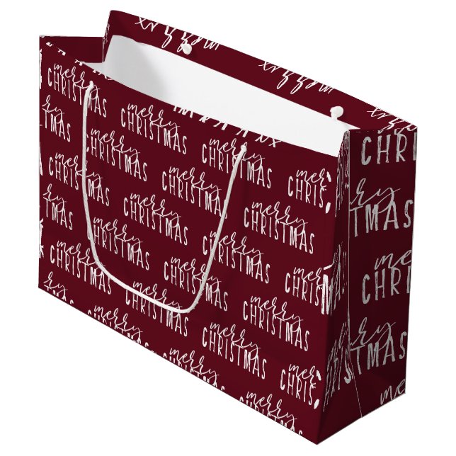 Merry Christmas Calligraphy Red White Festive Chic Large Gift Bag (Front Angled)