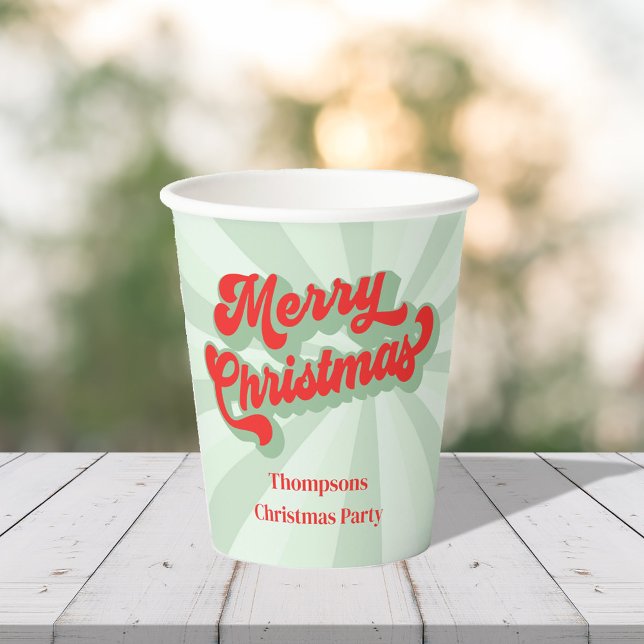 Merry Christmas Calligraphy Retro Script Red Green Paper Cups (Merry Christmas whimsical retro style calligraphy paper cup.)