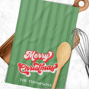 Merry Christmas Calligraphy Retro Style Red Green Tea Towel