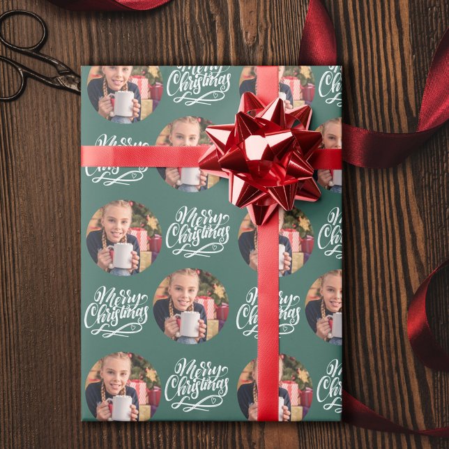 Merry Christmas Calligraphy Round Photo Green Wrapping Paper (Creator Uploaded)