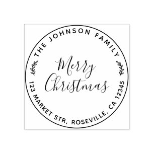 Merry Christmas Calligraphy Round Return Address  Rubber Stamp