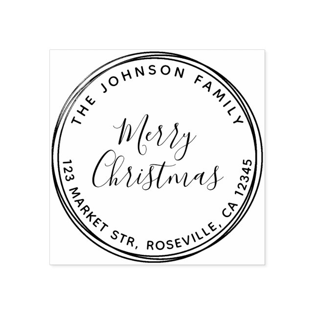 Merry Christmas Calligraphy Round Return Address  Rubber Stamp (Imprint)