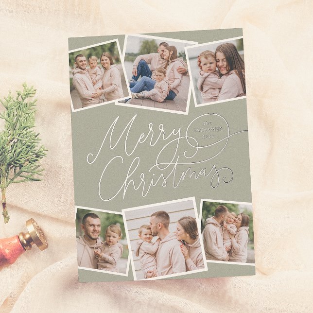 Merry Christmas Calligraphy Sage Green 6 Photos Foil Holiday Card (Creator Uploaded)