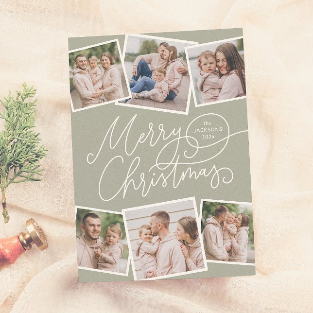 Merry Christmas Calligraphy Sage Green 6 Photos Holiday Card (Creator Uploaded)