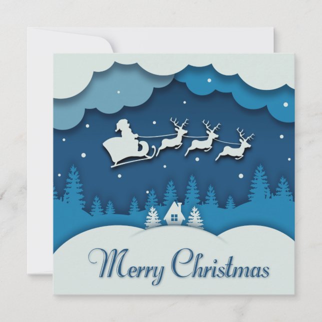 Merry Christmas Calligraphy Santa Sleigh Reindeer Holiday Card (Front)