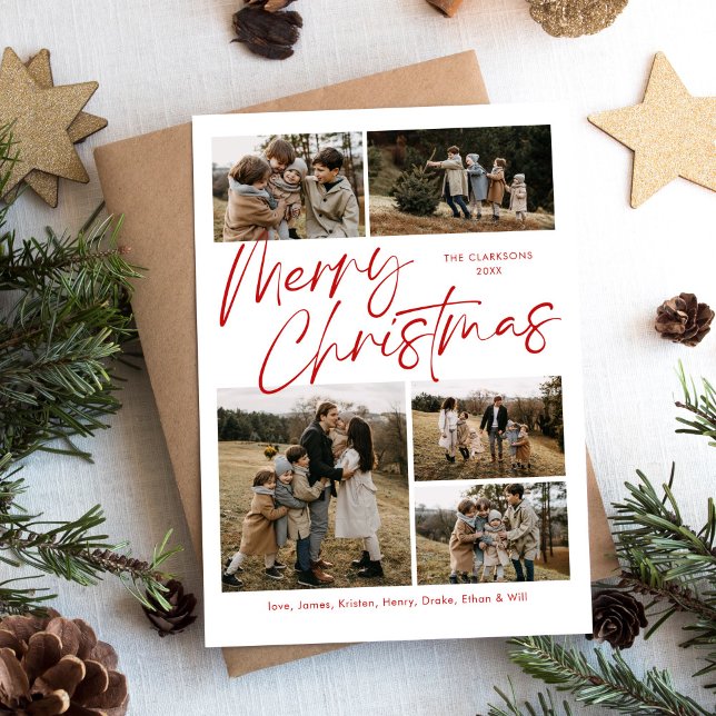 Merry Christmas Calligraphy Script 5 Photo Plaid Holiday Card (Creator Uploaded)