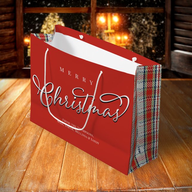Merry Christmas Calligraphy Script Cute Red Plaid Large Gift Bag (Merry Christmas holiday red and green plaid pattern gift bag.)