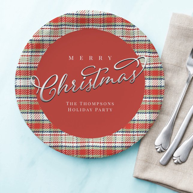 Merry Christmas Calligraphy Script Cute Red Plaid Paper Plate (Merry Christmas Red and Green Christmas paper plates. with cute calligraphy.)
