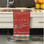Merry Christmas Calligraphy Script Cute Red Plaid  Tea Towel<br><div class="desc">This design features a Merry Christmas,  red and green plaid kitchen towel,  perfect for a hostess keepsake gift,  great for holiday baking,  easily create your own,  with silver calligraphy,  script typography,  a cute Xmas,  simple minimalist,  rustic classic design</div>