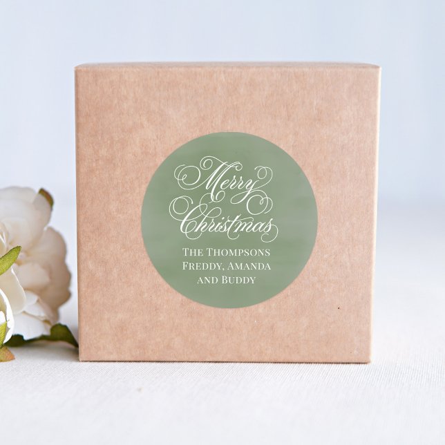 Merry Christmas Calligraphy Script Green Classic Round Sticker (Merry Christmas holiday custom gift sticker. )