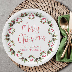Merry Christmas Calligraphy Script Modern Wreath Paper Plate