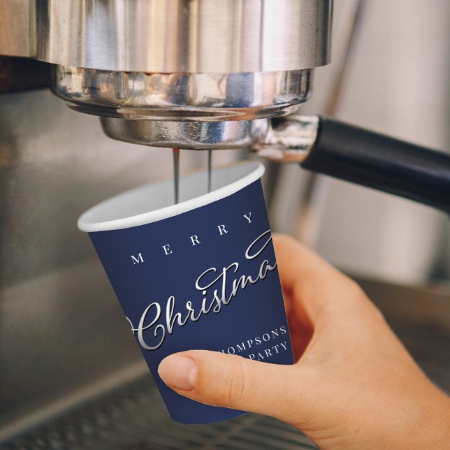 Merry Christmas Calligraphy Script Navy Blue Cute  Paper Cups (Merry Christmas silver calligraphy script navy blue paper cup. )