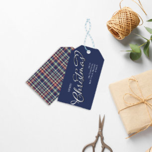 Merry Christmas Calligraphy Script Navy Blue Plaid Gift Tags
