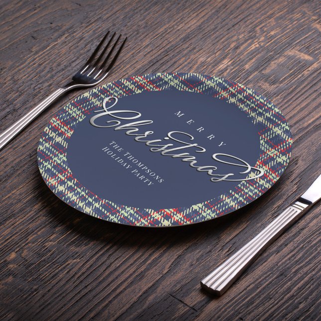 Merry Christmas Calligraphy Script Navy Blue Plaid Paper Plate (Merry Christmas Red and Navy Blue Christmas paper plates. with cute calligraphy.)