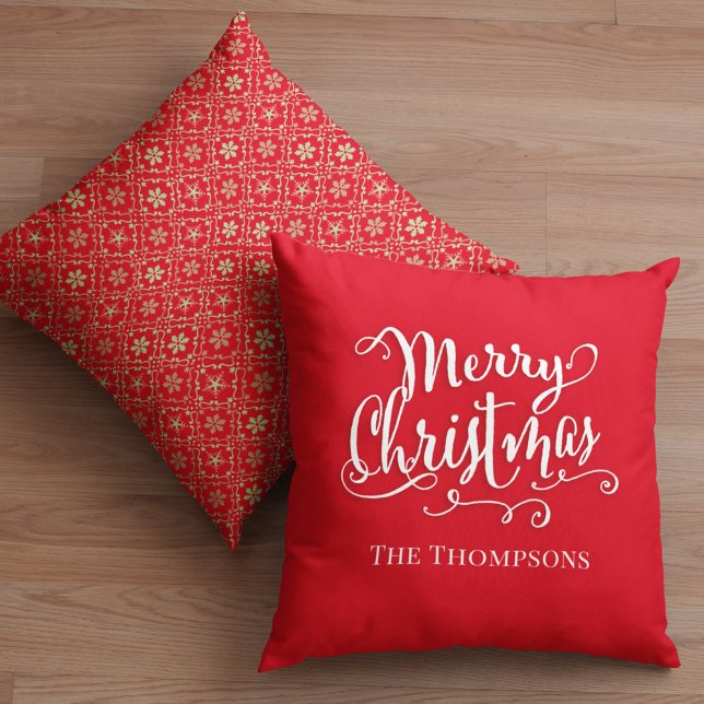 Merry Christmas Calligraphy Script Red Snowflake  Cushion (Merry Christmas calligraphy script red snowflake throw pillow)