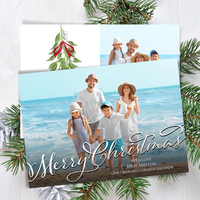 Merry Christmas Calligraphy Script Silver Photo  Holiday Card (Merry Christmas calligraphy script photo card.)