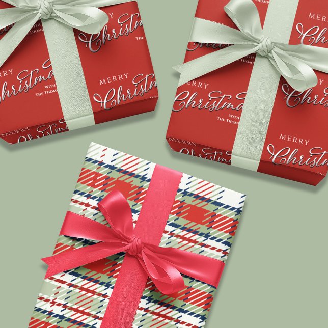 Merry Christmas Calligraphy Script Simple Red Cute Wrapping Paper Sheet (Merry Christmas holiday wrapping paper sheets with red plaid pattern )