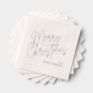 Merry Christmas Calligraphy Silver Foil Napkins