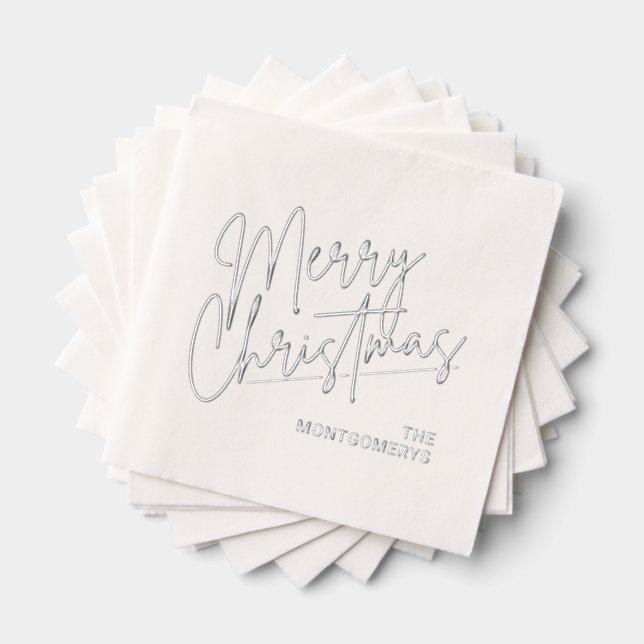 Merry Christmas Calligraphy Silver Foil Napkins (Insitu (Stacked))