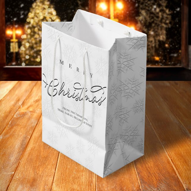 Merry Christmas Calligraphy Silver Snowflake Medium Gift Bag (Merry Christmas silver snowflake gift bag.)