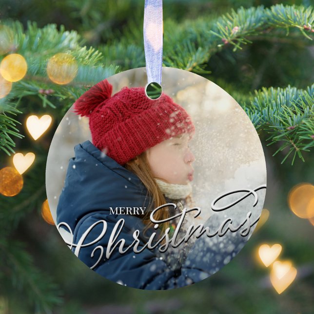 Merry Christmas Calligraphy Silver Snowflake Photo Ceramic Tree Decoration (Merry Christmas holiday silver calligraphy script ceramic photo ornament. )