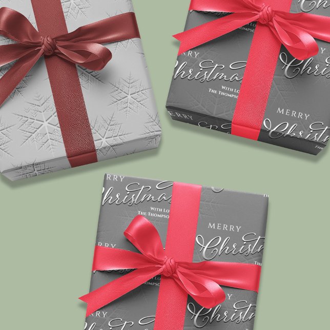 Merry Christmas Calligraphy Silver Snowflakes Wrapping Paper Sheet (Silver snowflake pattern and calligraphy script wrapping paper )