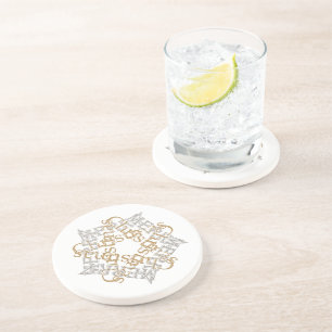 Merry Christmas Calligraphy Star Art Gold, Silver Coaster