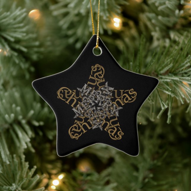 Merry Christmas Calligraphy Star on Black Ceramic Tree Decoration (Tree)