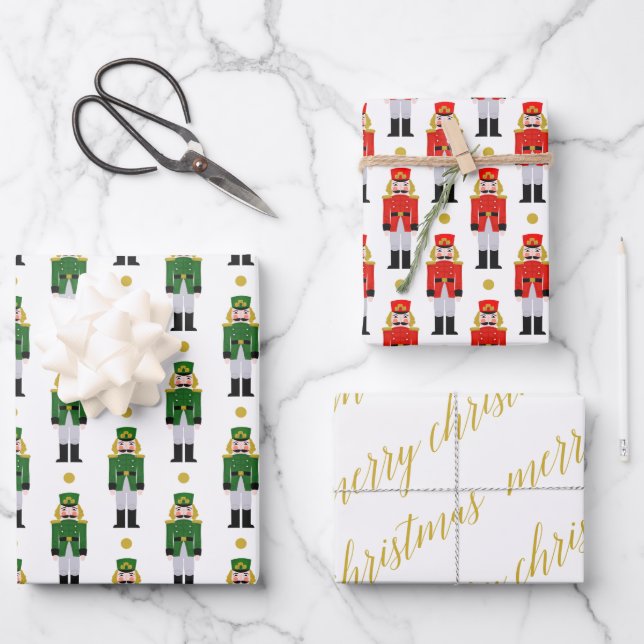 Merry Christmas Calligraphy Traditional Nutcracker Wrapping Paper Sheet (Front)