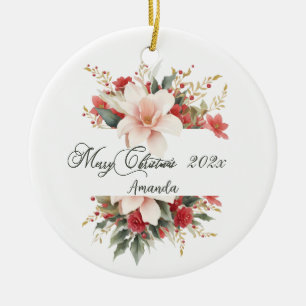 Merry Christmas Calligraphy Watercolor Floral Ceramic Tree Decoration