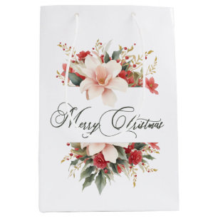 Merry Christmas Calligraphy Watercolor Floral Medium Gift Bag