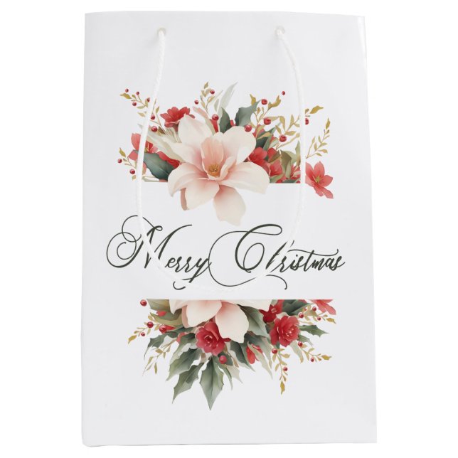 Merry Christmas Calligraphy Watercolor Floral Medium Gift Bag (Front)