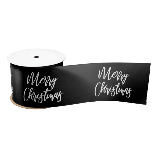 Merry Christmas Calligraphy White Black Holiday Satin Ribbon (Spool)
