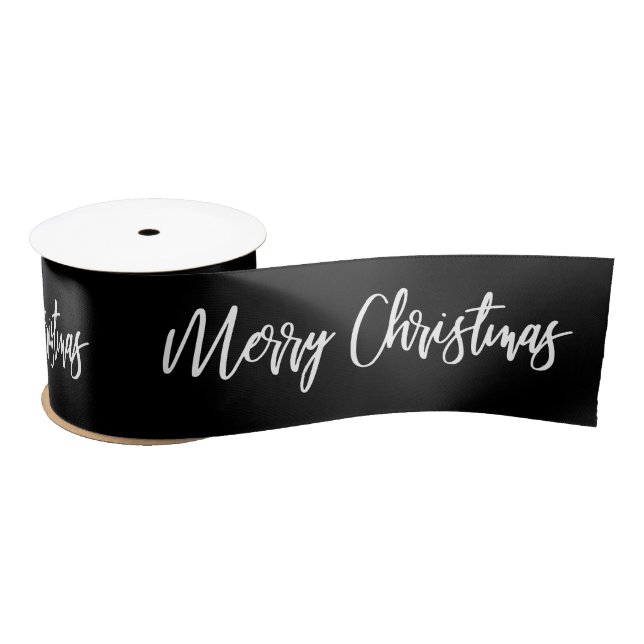 Merry Christmas Calligraphy White on Black Holiday Satin Ribbon (Spool)