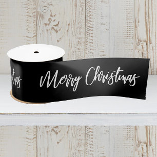 Merry Christmas Calligraphy White on Black Holiday Satin Ribbon