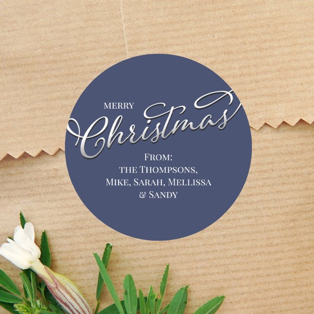 Merry Christmas Calligraphy Winter Navy Blue Plaid Classic Round Sticker (Simple Merry Christmas holiday silver calligraphy circle sticker. With a solid Navy Blue background )